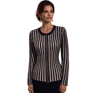 Vince Striped Zip Front Knit Cardigan Sweater Jacket  M Black White